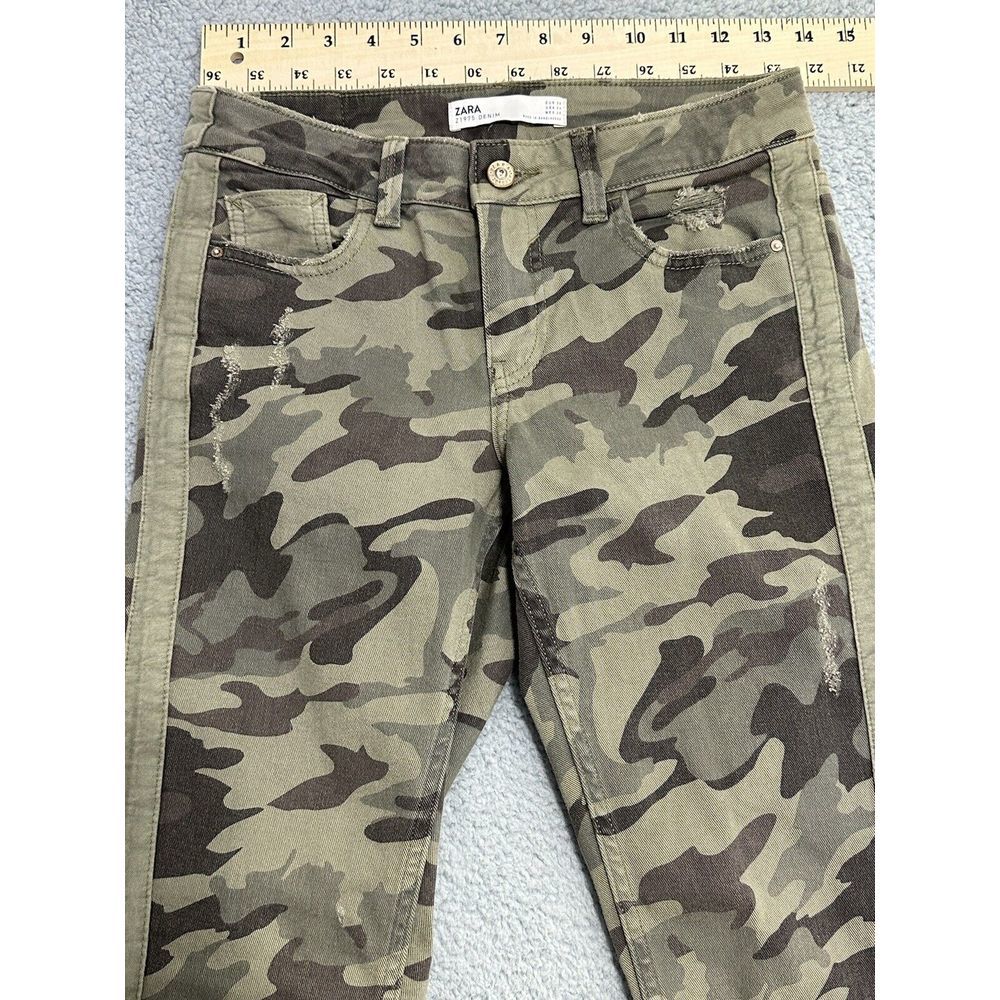 Zara Z1975‎ Denim Camouflage Ankle Pants Green Distressed Raw Hem Womens 4 - Picture 4 of 11